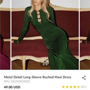Commense Emerald Green Long-Sleeve Ruched Maxi Dress with Metal Rings